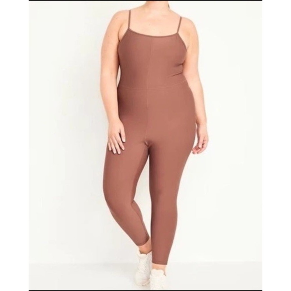 Old Navy Active PowerSoft Jumpsuit 4X Brown Ribbed Cold Shoulder Built In Bra